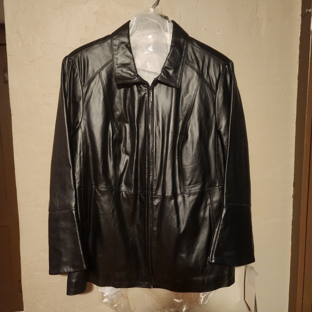 NWT Terry Lewis Vintage Retro Black Leather Jacket Bell Sleeve With Zipper 3X - Picture 1 of 5